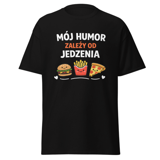 Koszulka T-Shirt Rizer z nadrukiem "Mój Humor Zależy Od Jedzenia" na białej tkaninie, casualowy styl, wygodna i modna.