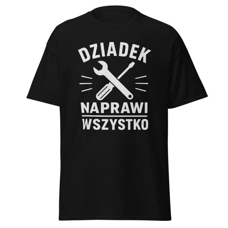 Koszulka T-Shirt Rizer "Dziadek Naprawi Wszystko" z nadrukiem, czarna, wygodny materiał, idealna dla dżentelmena w każdym wieku