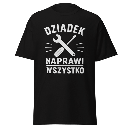 Koszulka T-Shirt Rizer "Dziadek Naprawi Wszystko" z nadrukiem, czarna, wygodny materiał, idealna dla dżentelmena w każdym wieku