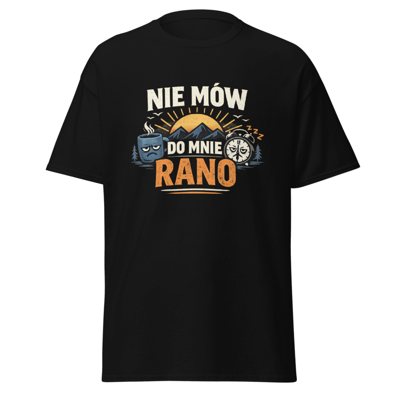 Koszulka Rizer "Nie Mów Do Mnie Rano" z nadrukiem, czarna t-shirt na co dzień, wygodny materiał, modne i casualowe ubranie.