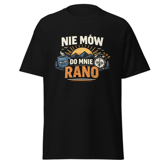 Koszulka Rizer "Nie Mów Do Mnie Rano" z nadrukiem, czarna t-shirt na co dzień, wygodny materiał, modne i casualowe ubranie.