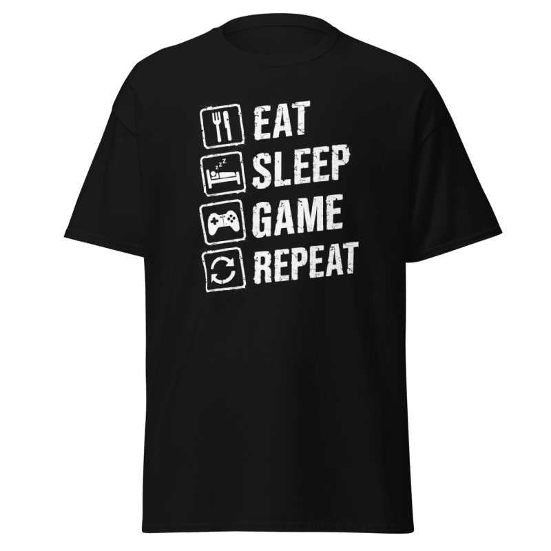 Koszulka T-Shirt Rizer "Eat Sleep Game Repeat" na białym tle, wygodny t-shirt z nadrukiem dla graczy.