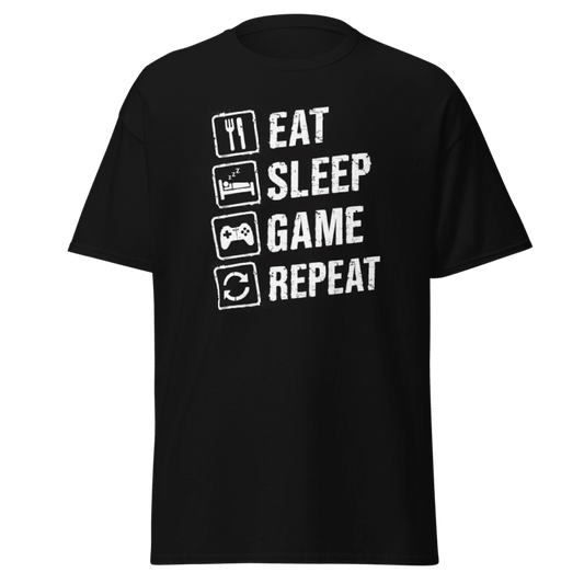 Koszulka T-Shirt Rizer "Eat Sleep Game Repeat" na białym tle, wygodny t-shirt z nadrukiem dla graczy.