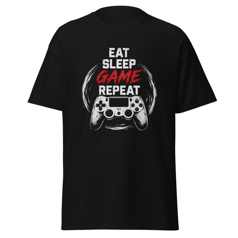 Koszulka T-Shirt Rizer "Eat Sleep Game Repeat" z nadrukiem, czarna bawełniana koszulka dla graczy.