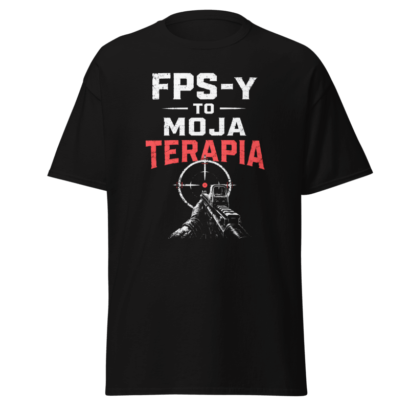 Koszulka T-Shirt Rizer "FPS-y To Moja Terapia" z nadrukiem, czarna, wygodny materiał, idealna dla fanów strzelanek i gier komputerowych