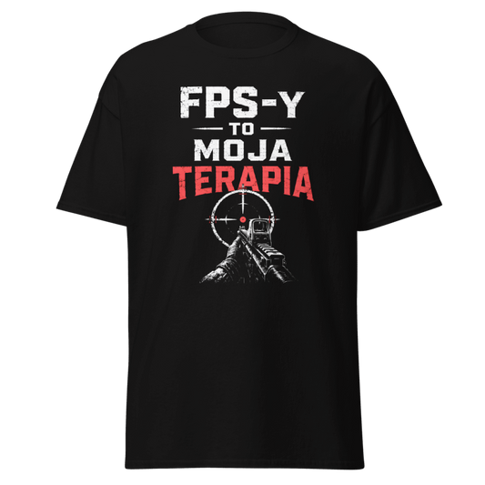 Koszulka T-Shirt Rizer "FPS-y To Moja Terapia" z nadrukiem, czarna, wygodny materiał, idealna dla fanów strzelanek i gier komputerowych