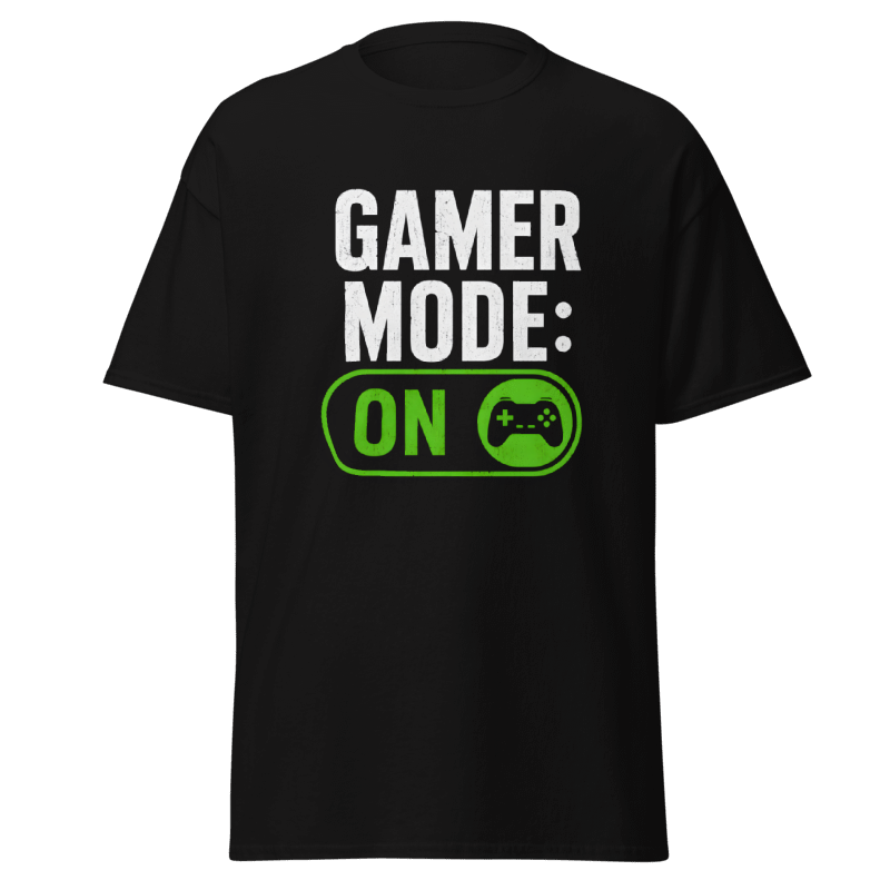 Koszulka T-Shirt Rizer "Gamer Mode: On" z nadrukiem, czarna z białym napisem, wygodny t-shirt dla graczy.