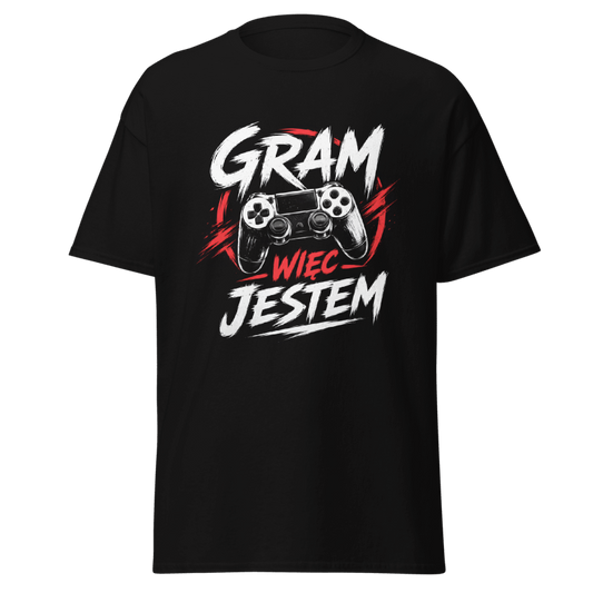 Koszulka T-Shirt Rizer "Gram Więc Jestem" z napisem na białym tle, wygodny materiał, casualowy styl, unisex.