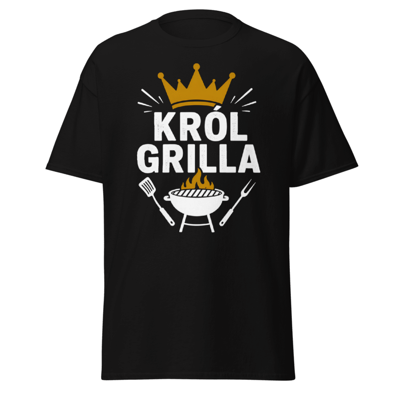 Koszulka T-Shirt Rizer "Król Grilla" z grafiką króla grilla na białym tle, wygodny i stylowy t-shirt dla miłośników grillowania