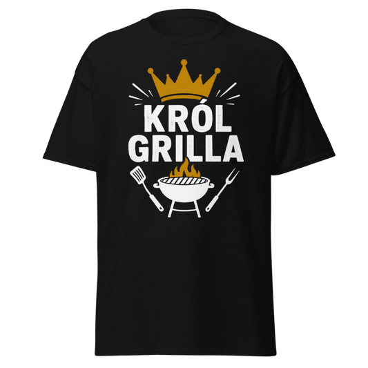 Koszulka T-Shirt Rizer "Król Grilla" z grafiką króla grilla na białym tle, wygodny i stylowy t-shirt dla miłośników grillowania
