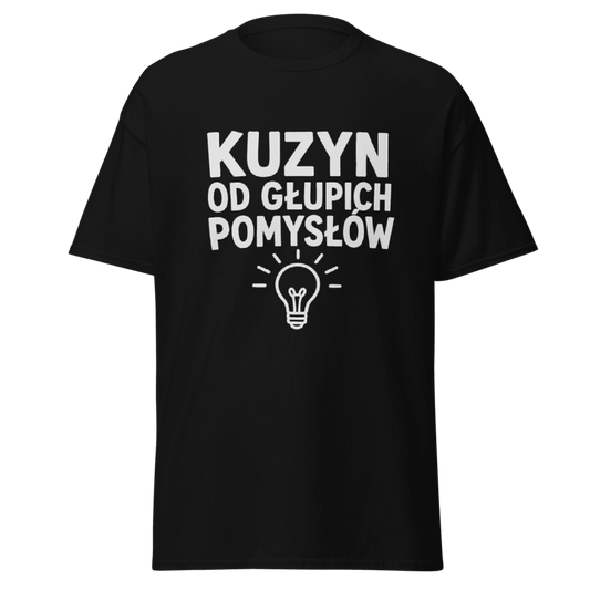 Koszulka T-Shirt Rizer "Kuzyn Od Głupich Pomysłów" z nadrukiem, czarna z białym napisem na przodzie.