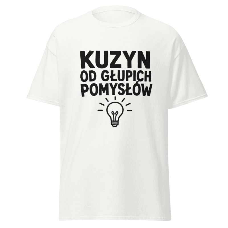 Koszulka T-Shirt Rizer "Kuzyn Od Głupich Pomysłów" z nadrukiem, czarna bawełniana odzież męska.