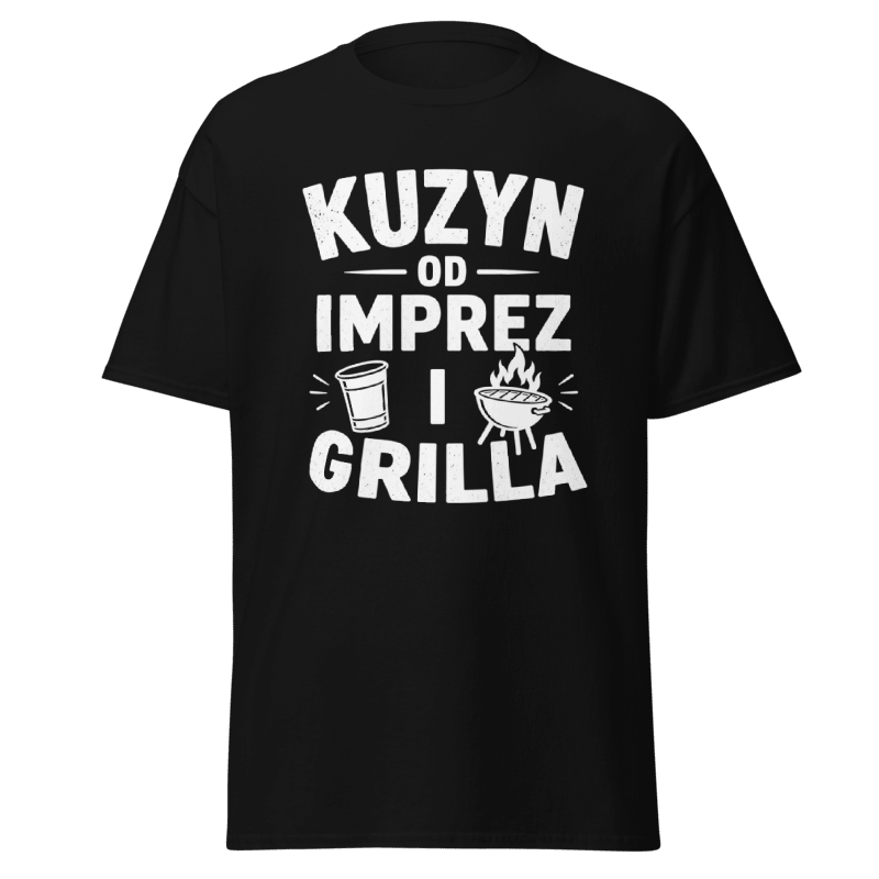 Koszulka T-Shirt Rizer "Kuzyn od imprez i grilla" z nadrukiem, czarny kolor, wygodny materiał, idealny na imprezy i grillowanie
