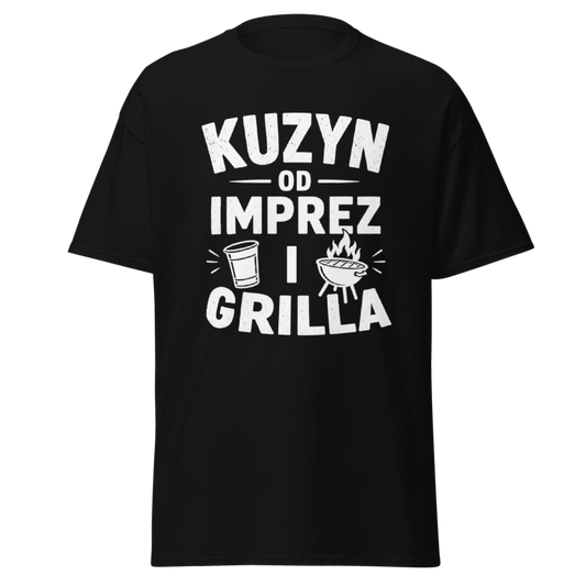 Koszulka T-Shirt Rizer "Kuzyn od imprez i grilla" z nadrukiem, czarny kolor, wygodny materiał, idealny na imprezy i grillowanie
