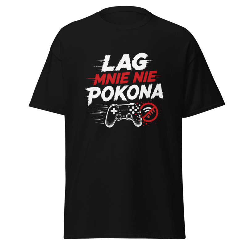 Koszulka T-Shirt Rizer "Lag Mnie Nie Pokona" na białym tle, wygodny krój i wyrazisty nadruk.