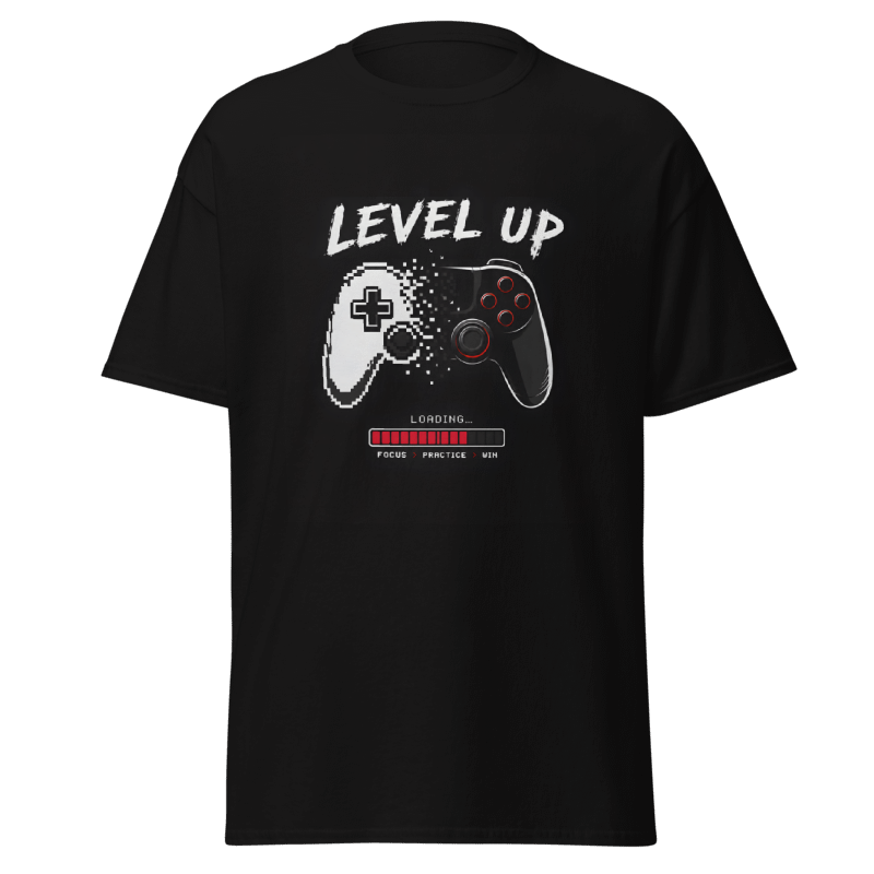 Koszulka T-Shirt Rizer "Level Up" z nadrukiem, czarny t-shirt z grafiką na froncie, wygodny i stylowy krój.