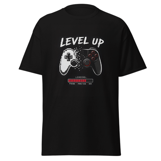 Koszulka T-Shirt Rizer "Level Up" z nadrukiem, czarny t-shirt z grafiką na froncie, wygodny i stylowy krój.