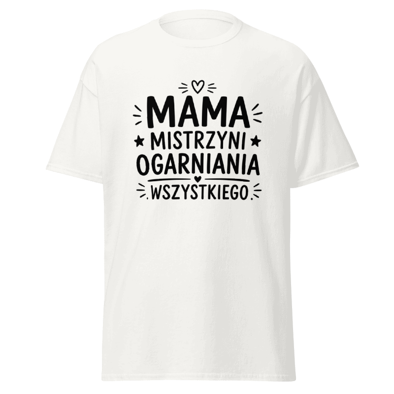 Koszulka T-Shirt Rizer "Mama Mistrzyni Ogarniania Wszystkiego" z nadrukiem, czarna, na kobiecej sylwetce.