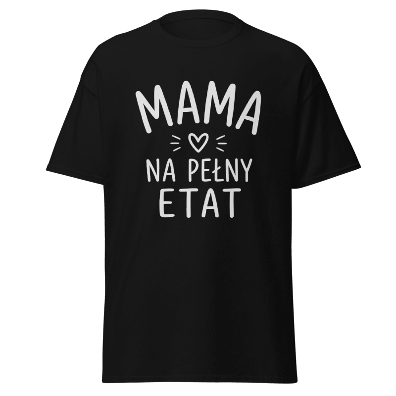 Koszulka T-Shirt Rizer "Mama Na Pełny Etat" w białym kolorze z nadrukiem tekstowym, casualowy styl, wygodna i modna.