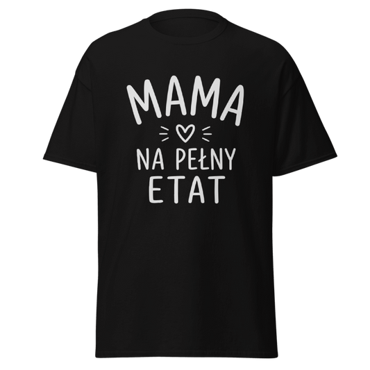Koszulka T-Shirt Rizer "Mama Na Pełny Etat" w białym kolorze z nadrukiem tekstowym, casualowy styl, wygodna i modna.