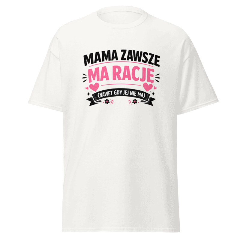 Koszulka T-Shirt Rizer "Mama Zawsze Ma Rację Nawet Gdy Jej Nie Ma" na modelu, czarna, z nadrukiem tekstowym.