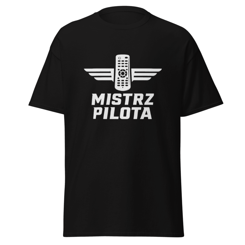 Koszulka T-Shirt Rizer "Mistrz Pilota" z nadrukiem, czarna, wygodna odzież sportowa dla fanów lotnictwa.