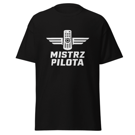 Koszulka T-Shirt Rizer "Mistrz Pilota" z nadrukiem, czarna, wygodna odzież sportowa dla fanów lotnictwa.