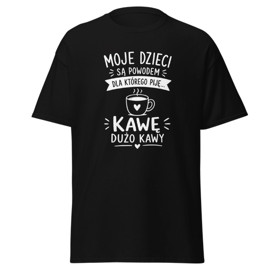 Koszulka Rizer z nadrukiem "Moje Dzieci Są Powodem Dla Którego Piję Kawę" na białym tle, wygodna i modna koszulka T-Shirt.