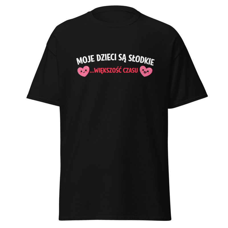 Czarna koszulka Rizer z napisem "Moje Dzieci Są Słodkie... Większość Czasu" na froncie, casual style, t-shirt dla rodziców.