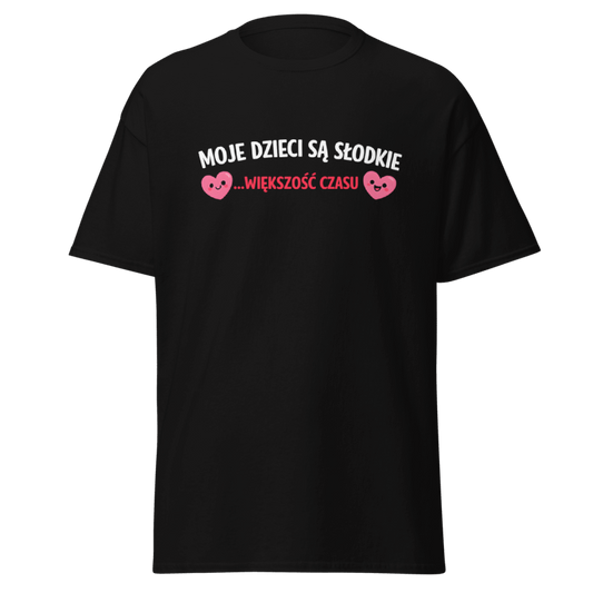 Czarna koszulka Rizer z napisem "Moje Dzieci Są Słodkie... Większość Czasu" na froncie, casual style, t-shirt dla rodziców.