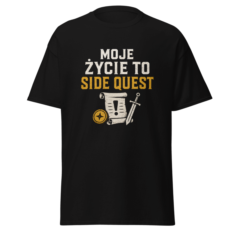 Koszulka Rizer "Moje Życie To Side Quest" z nadrukiem, czarna, bawełniana t-shirt dla fanów gier i geeków