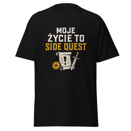 Koszulka Rizer "Moje Życie To Side Quest" z nadrukiem, czarna, bawełniana t-shirt dla fanów gier i geeków