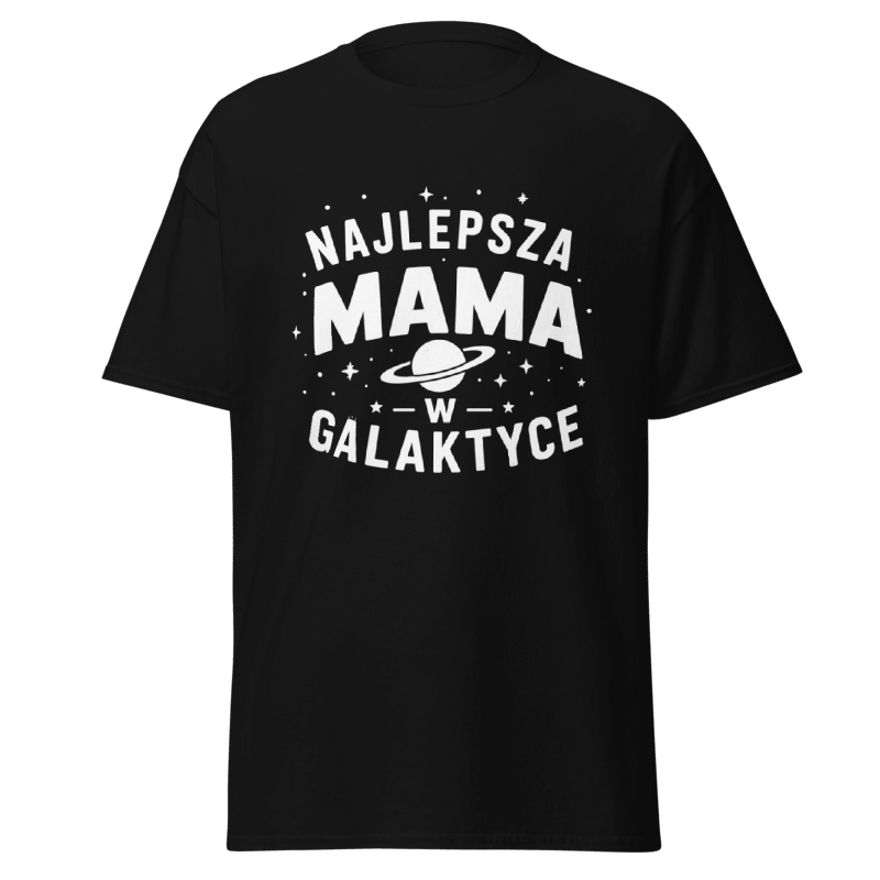 Koszulka Rizer "Najlepsza Mama w Galaktyce" na tle gwiazd, miękki materiał, idealna dla dumnych mam.
