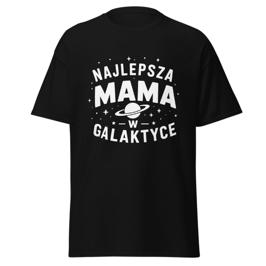 Koszulka Rizer "Najlepsza Mama w Galaktyce" na tle gwiazd, miękki materiał, idealna dla dumnych mam.