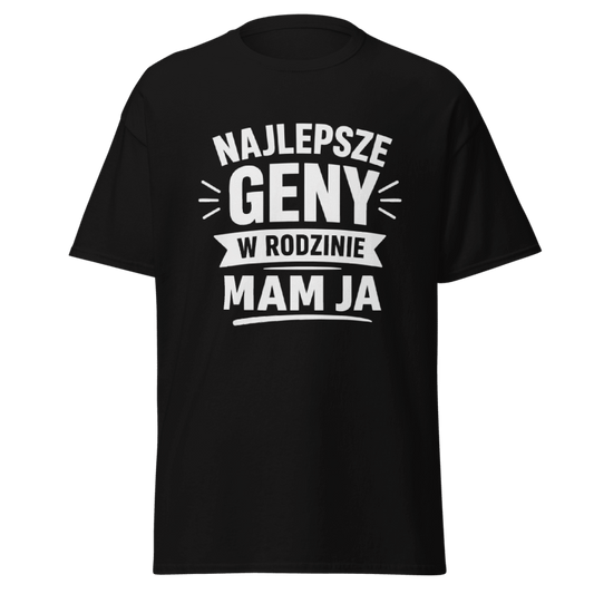 Koszulka T-Shirt Rizer z napisem "Najlepsze Geny W Rodzinie Mam Ja" na białym tle, wygodny t-shirt dla kobiet.