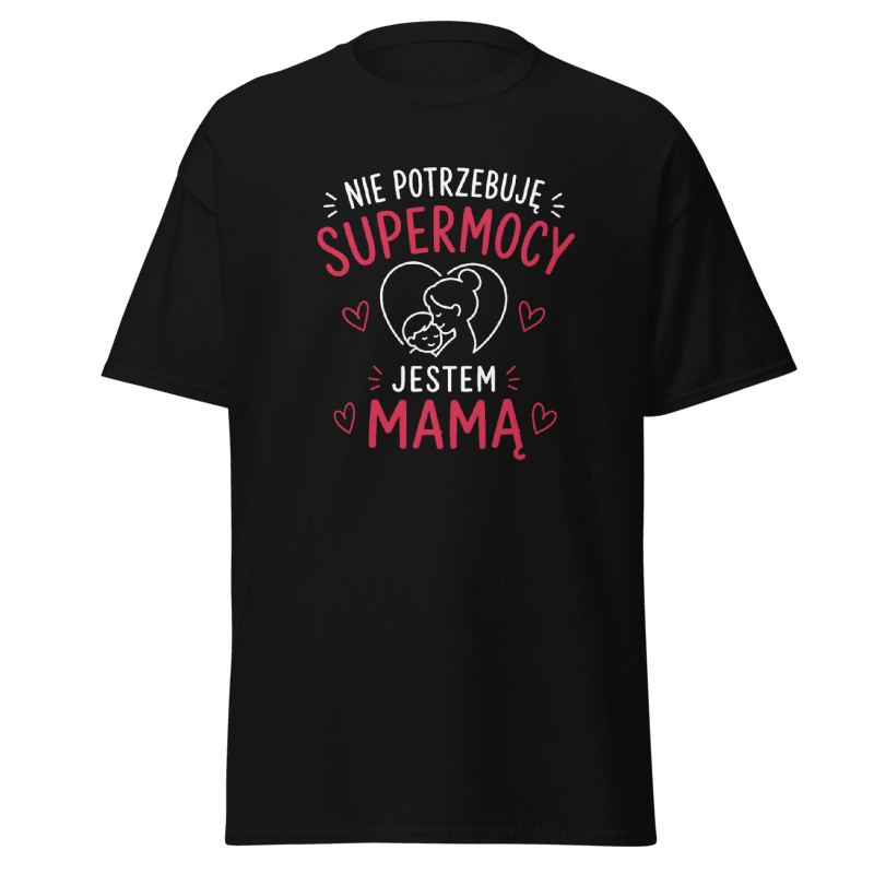 Czarna koszulka Rizer z nadrukiem "Nie Potrzebuję Supermocy Jestem Mamą" na piersi, wygodny t-shirt dla mam.
