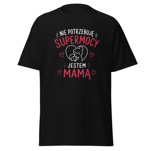 Czarna koszulka Rizer z nadrukiem "Nie Potrzebuję Supermocy Jestem Mamą" na piersi, wygodny t-shirt dla mam.
