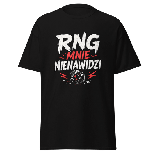 Koszulka Rizer "RNG Mnie Nienawidzi" T-Shirt, czarna z nadrukiem, wygodny t-shirt z oryginalnym tekstem na przodzie