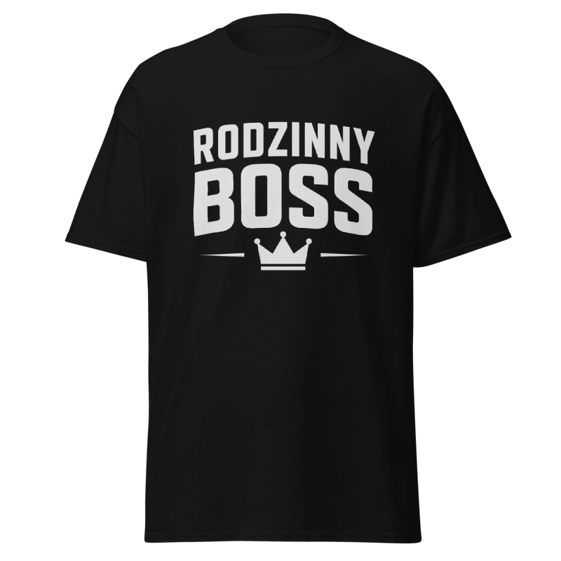Koszulka T-Shirt Rizer "Rodzinny Boss" z nadrukiem, czarna, wygodny materiał, idealna dla miłośników humorystycznych koszulek.