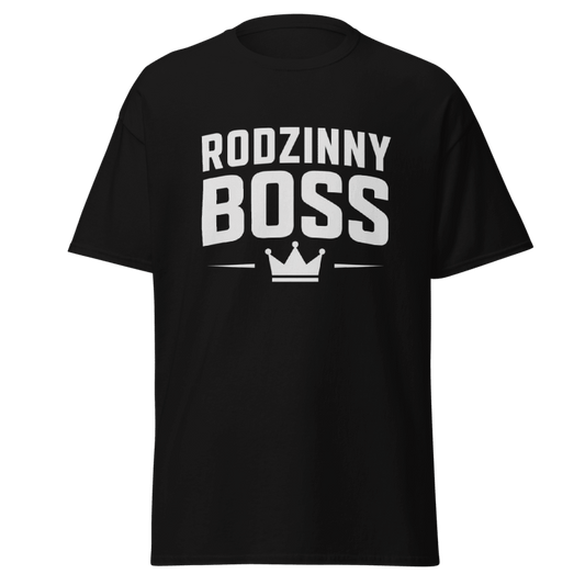 Koszulka T-Shirt Rizer "Rodzinny Boss" z nadrukiem, czarna, wygodny materiał, idealna dla miłośników humorystycznych koszulek.
