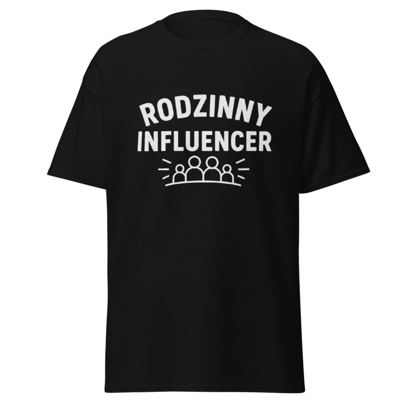 Koszulka Rizer "Rodzinny Influencer" z nadrukiem, wygodny t-shirt dla fanów influencerów i rodziny, czarny kolor.