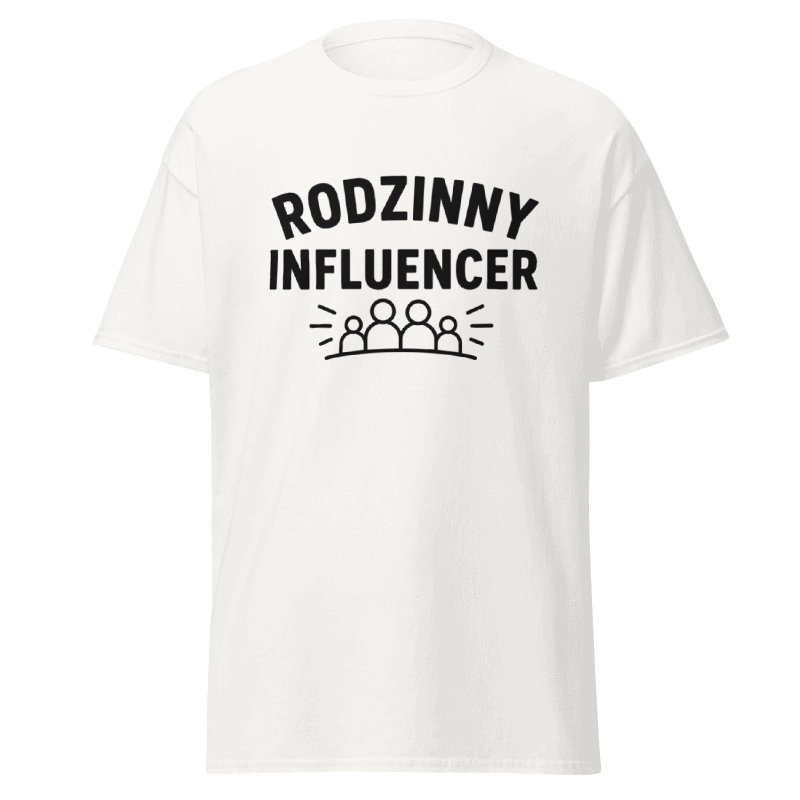 Koszulka Rizer "Rodzinny Influencer" na zdjęciu, czarna bawełniana koszulka z nadrukiem dla całej rodziny