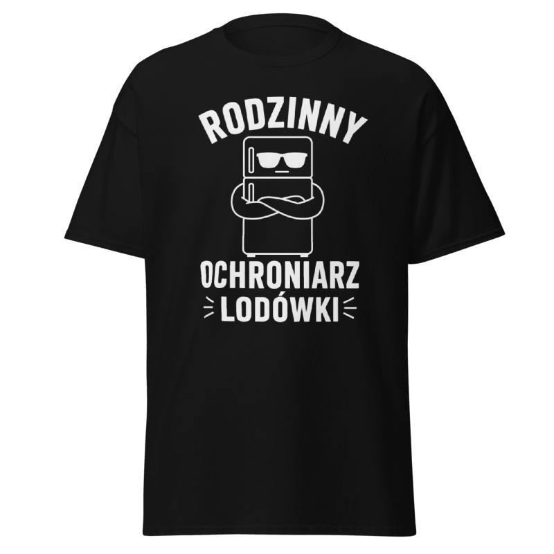 Koszulka Rizer "Rodzinny Ochroniarz Lodówki" w biały kolorze, z nadrukiem ochrony lodówki, wygodny t-shirt męski.