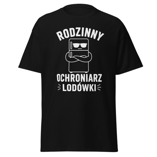 Koszulka Rizer "Rodzinny Ochroniarz Lodówki" w biały kolorze, z nadrukiem ochrony lodówki, wygodny t-shirt męski.