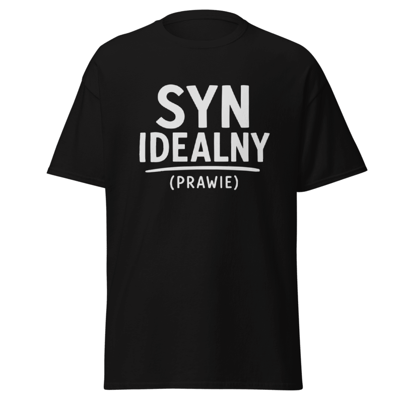 Koszulka Rizer "Syn Idealny (Prawie)" w białym kolorze, z nadrukiem na front, wykonana z miękkiego materiału.