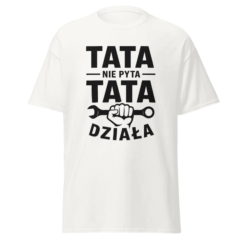 Koszulka T-Shirt Rizer "Tata Nie Pyta Tata Działa" z nadrukiem, czarna, wygodny materiał, męski styl, codzienny casual.