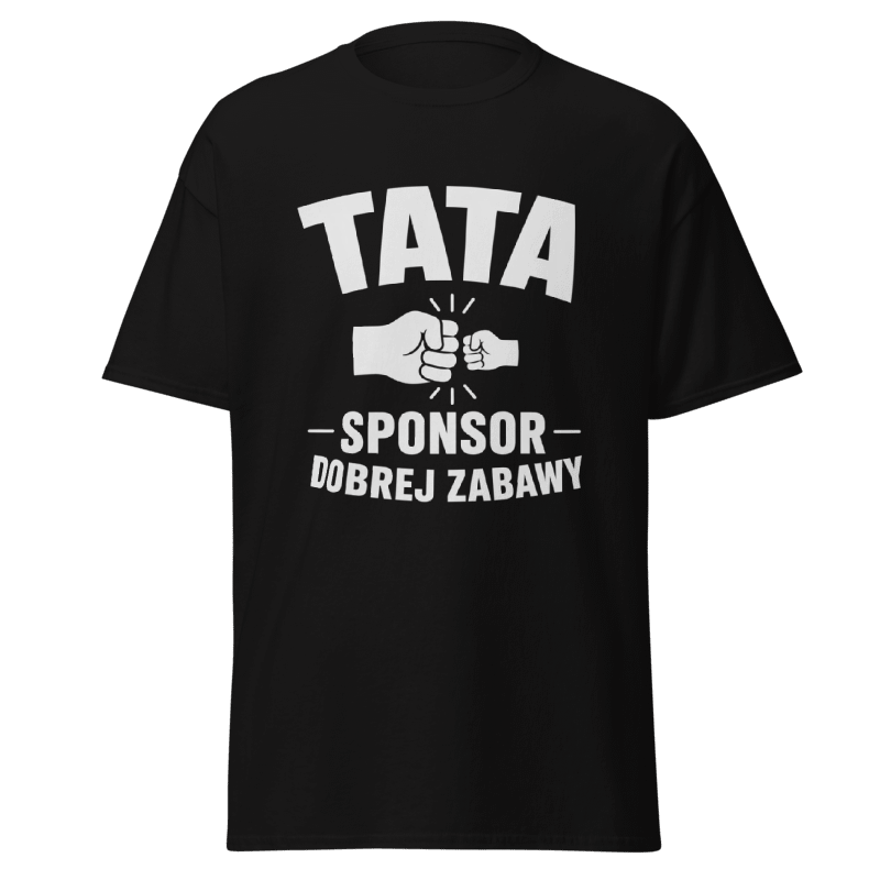 Koszulka T-Shirt Rizer "Tata Sponsor Dobrej Zabawy" z nadrukiem, czarna, wygodna odzież dla taty na co dzień.