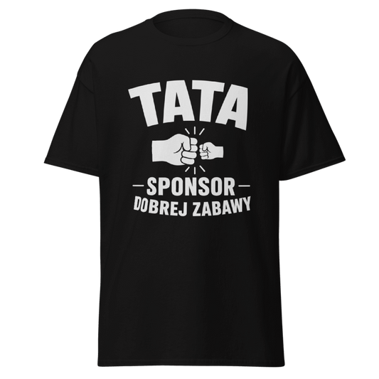 Koszulka T-Shirt Rizer "Tata Sponsor Dobrej Zabawy" z nadrukiem, czarna, wygodna odzież dla taty na co dzień.