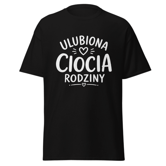 Koszulka T-Shirt Rizer "Ulubiona Ciocia Rodziny" z nadrukiem, czarna, wygodny materiał, idealna dla miłośników rodzinnych relacji