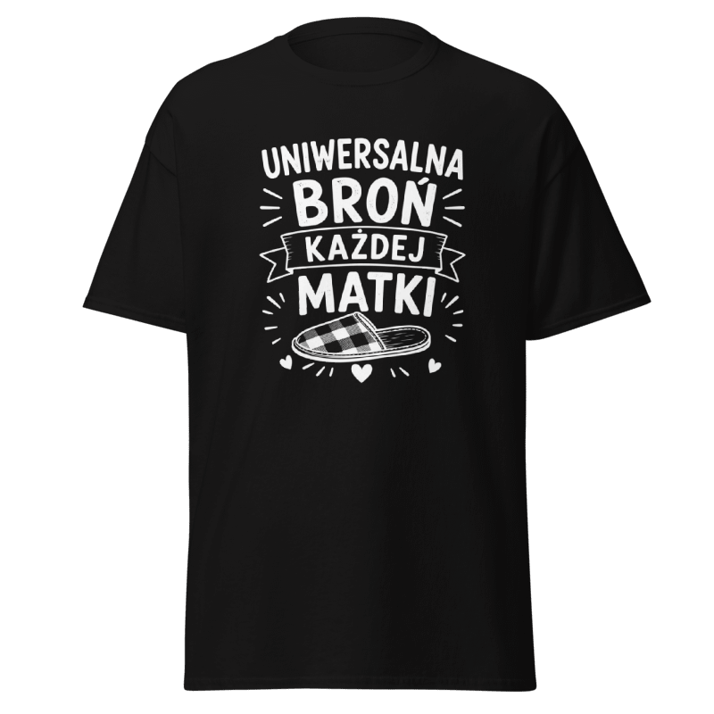 Koszulka T-Shirt Rizer "Uniwersalna Broń Każdej Matki" z nadrukiem, miękki materiał, wygodny krój, czarna kolorystyka.